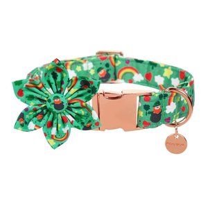 DOGWONG St. Patrick's Day Dog Collar with Flower, Green Shamrock XS